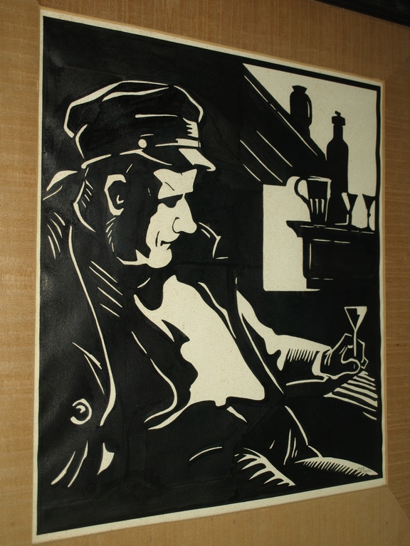Grote inkttekening - Man drinkt een glas – gesigneerd F.D.H. – 1932 - Ingelijst kopen? Bied vanaf 65!