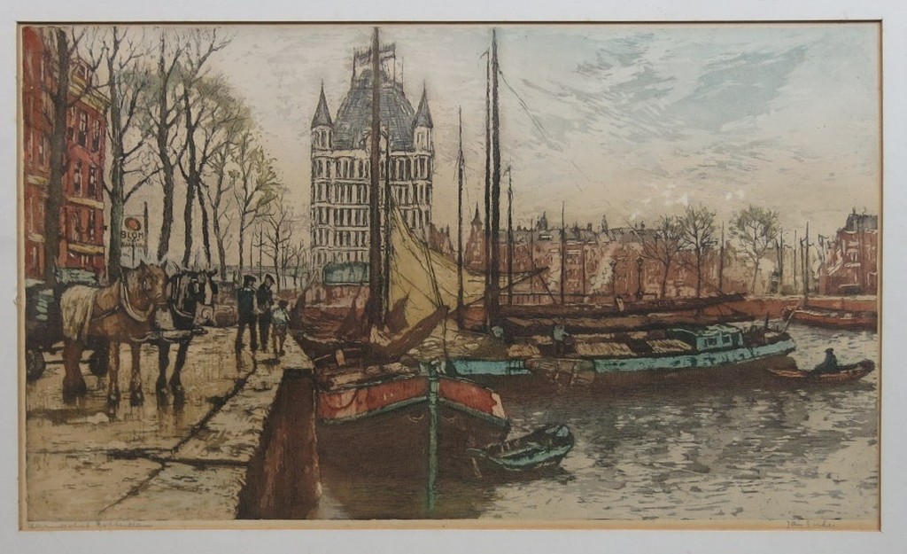 Jan Sirks: Ingekleurde ets, Haringvliet te Rotterdam verkocht voor € 100!