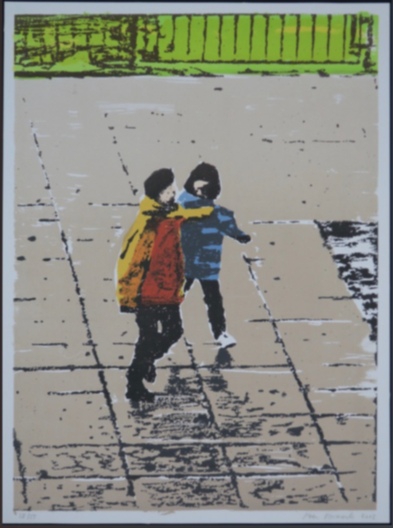 Koen Vermeule: Zeefdruk, Twee figuren (geel/blauw) verkocht voor € 60!