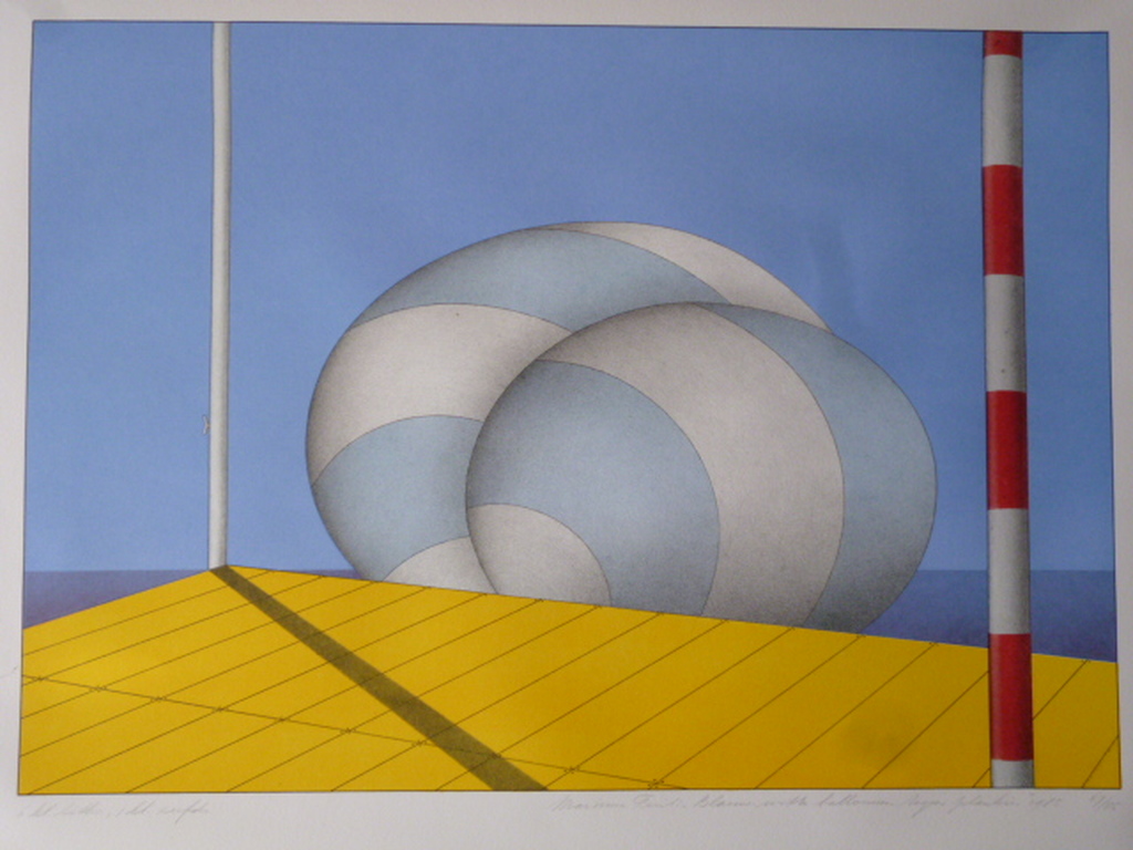 Marinus Fuit - litho/zeefdruk - Blauw-witte ballonnen tegen plankier verkocht voor € 75!