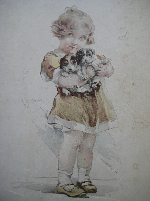 Schilbach , tekening aquarel , meisje met puppy hondjes  kopen? Bied vanaf 1!