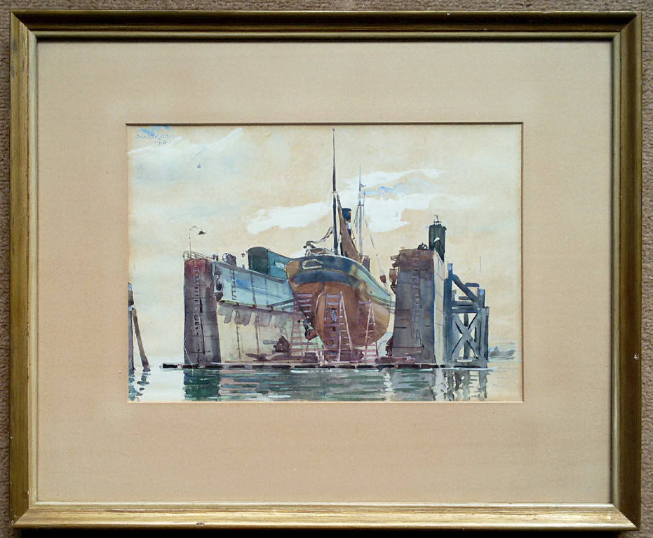 Jan Gerrit Jordens - Scheepsdok (1916), aquarel (ingelijst) kopen? Bied vanaf 295!