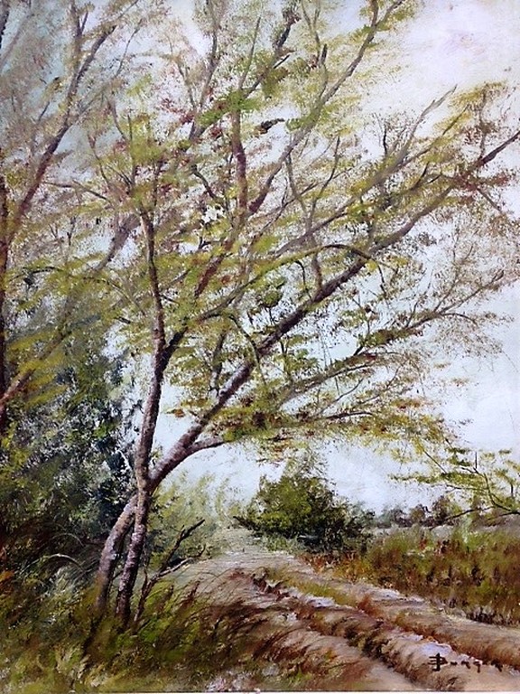 Joop Burger, olieverf op paneel, Berkenbomen langs bospad kopen? Bied vanaf 1!