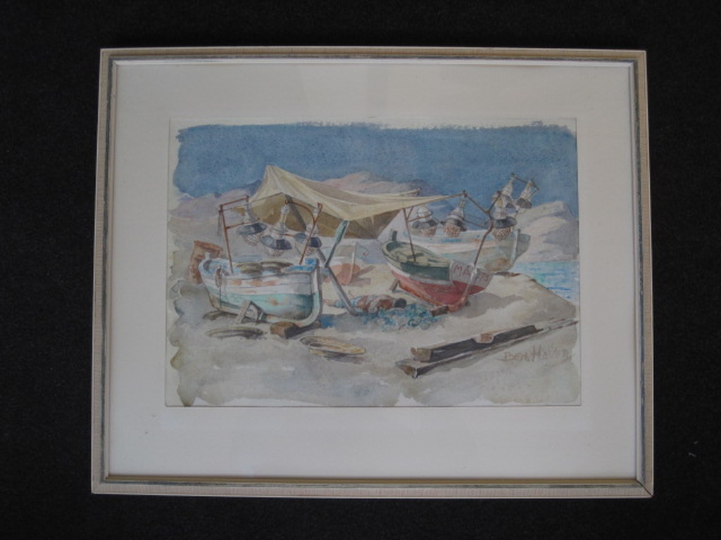 Grote gesigneerde Aquarel " vissersboten op strand Mallorca " kopen? Bied vanaf 25!