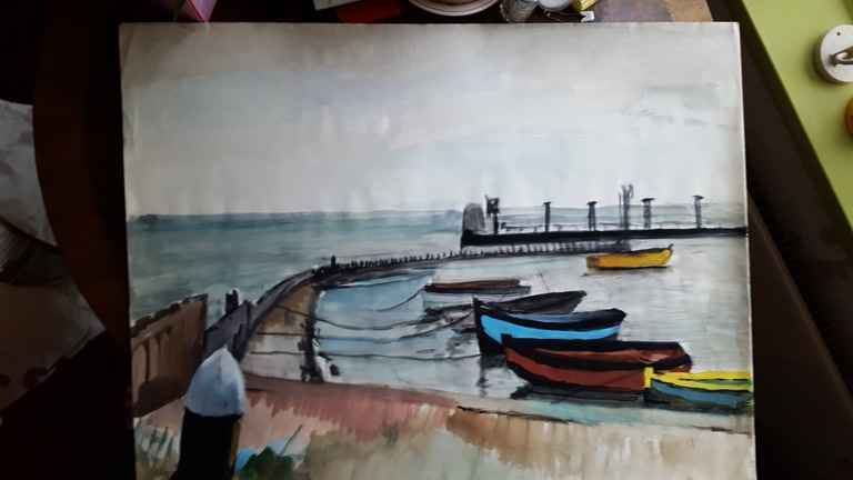 A. Huijsmans-evers: Aquarel, Boten in de haven. kopen? Bied vanaf 1!