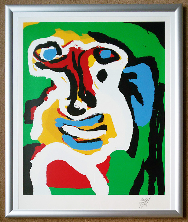 Karel Appel - Head against green grass, gesigneerde zeefdruk (ingelijst, groot) kopen? Bied vanaf 950!