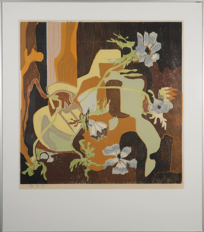 Vincent van Ojen: Houtsnede op Rijstpapier, Anemonen - Ingelijst verkocht voor € 40!