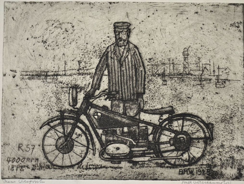 Frans Verpoorten: Ets/aquatint. Man achter moter verkocht voor € 35!