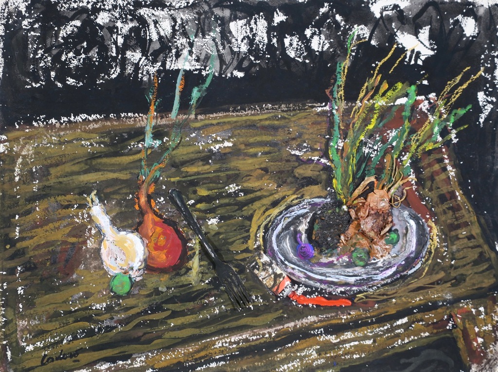 Horacio Cordero: Acryl en assemblage op handgeschept papier, Z.T. (Tafel) verkocht voor € 50!