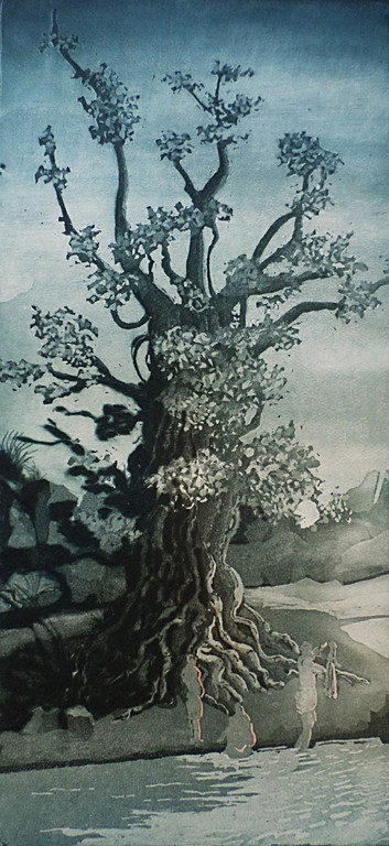 Sjoerd Bakker - Mensen bij rivier onder een boom, aquatint ets verkocht voor € 40!