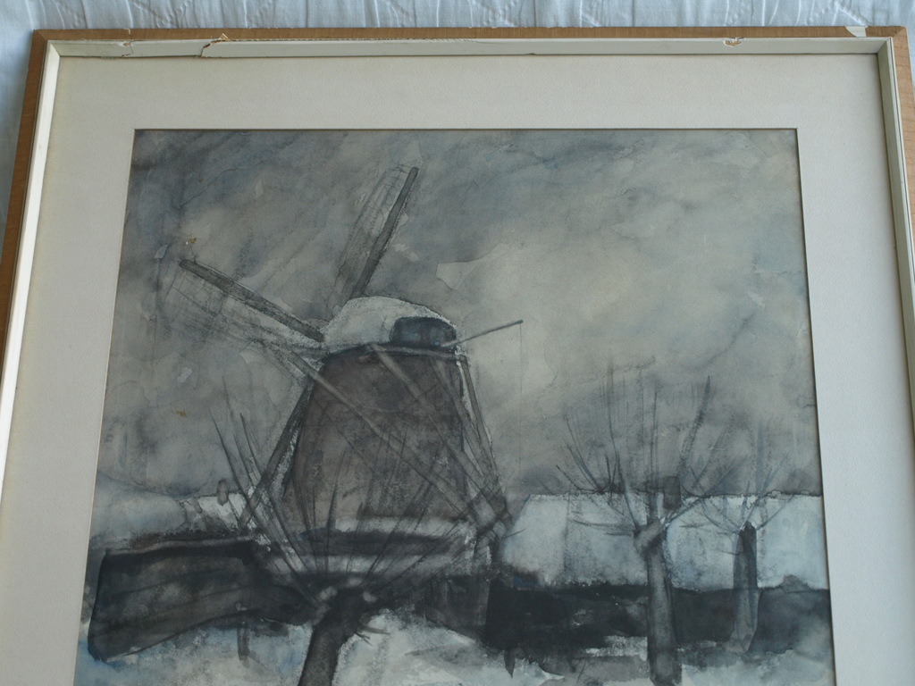 Onduidelijke signatuur : Gemengde techniek , Molen – ingelijst– 1956 kopen? Bied vanaf 1!