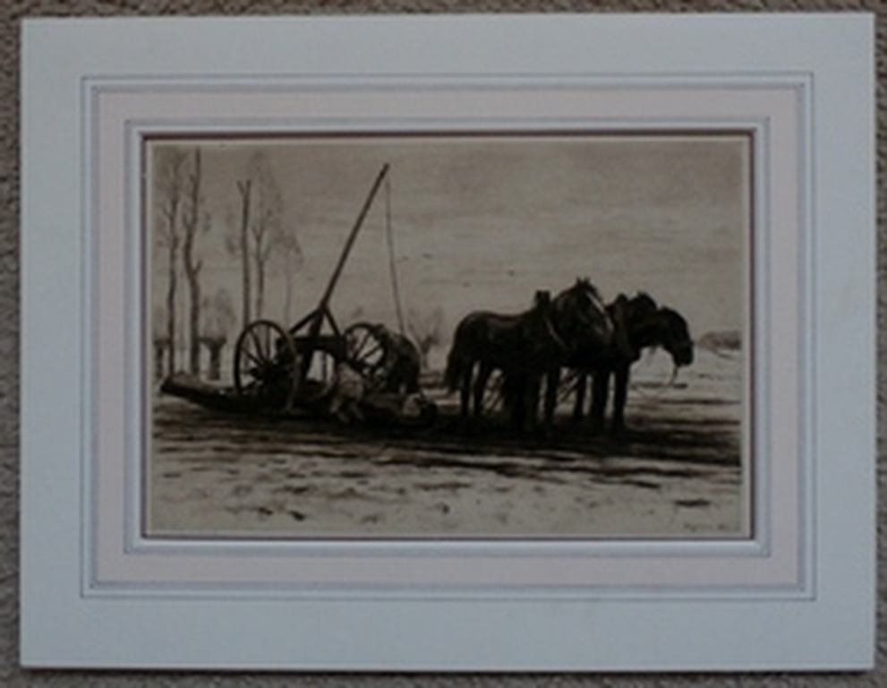 Waalko Dingemans, ets: arbeiders met paarden op het land, handgesigneerd verkocht voor € 75!