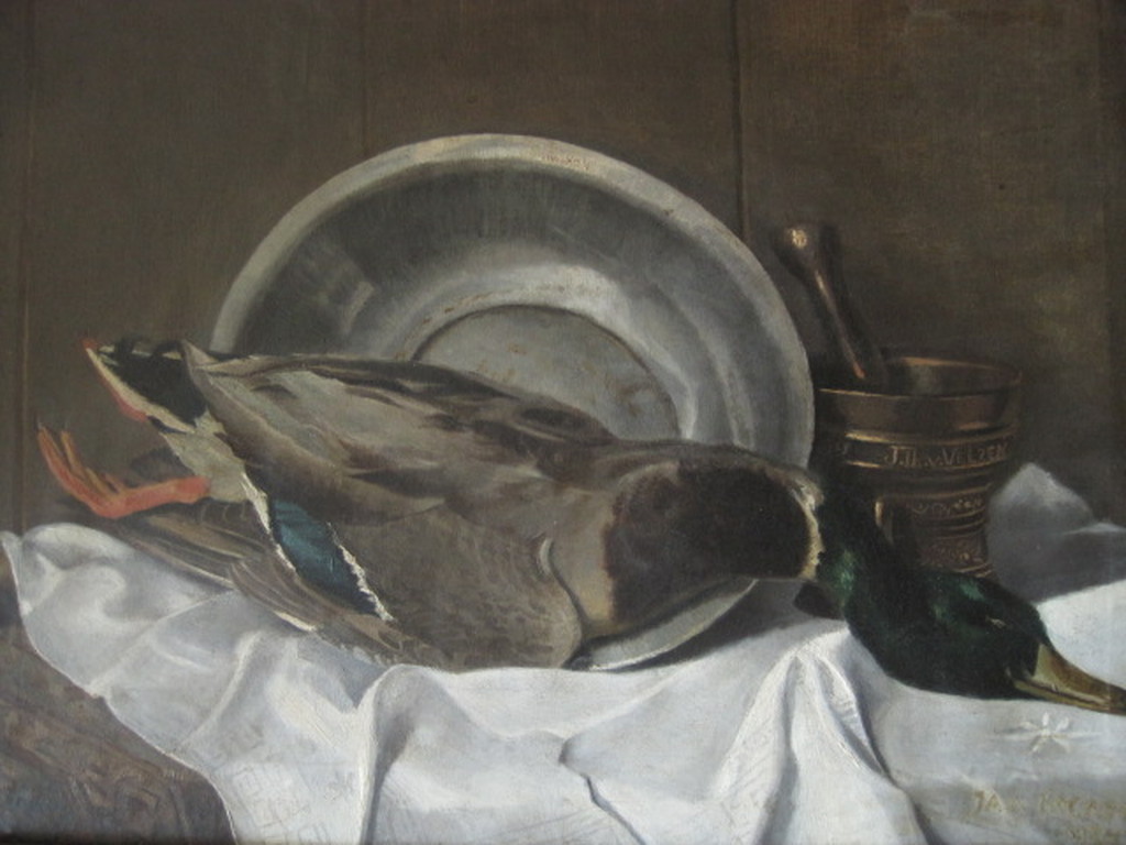 Indrukwekkend klassiek olieverf Jacht Stilleven "Eend op tafel" gesigneerd 1924  verkocht voor € 102!