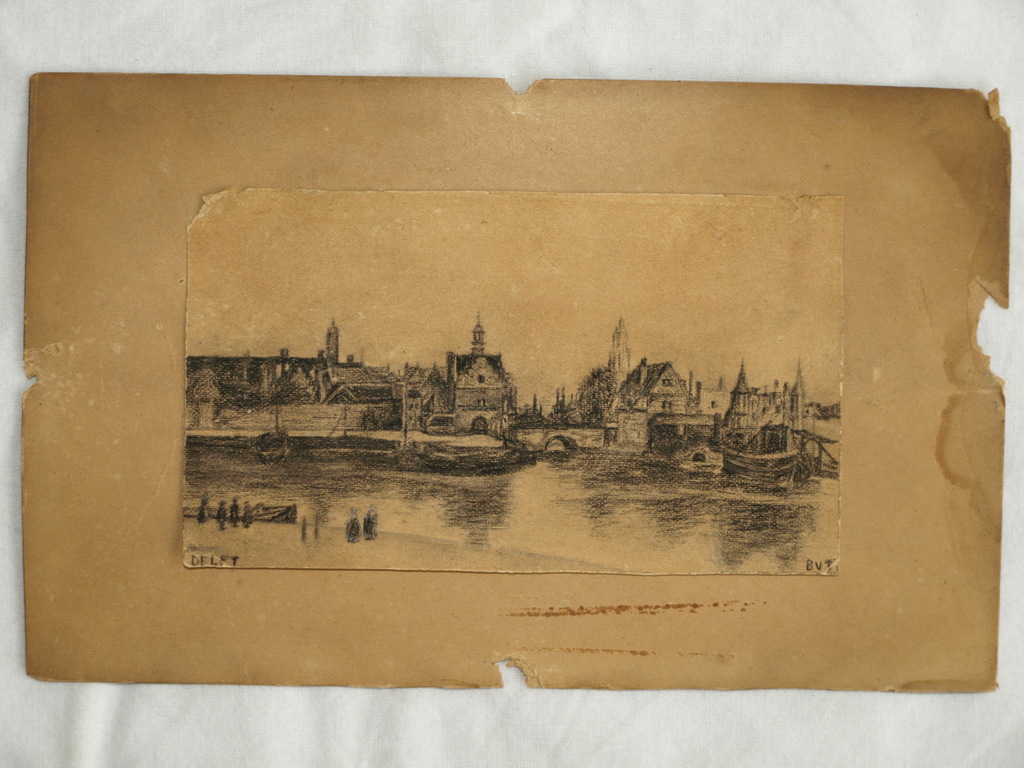 Monogram BVF of BVT : Tekening – Stadsgezicht Delft – Ingelijst - Oud kopen? Bied vanaf 1!