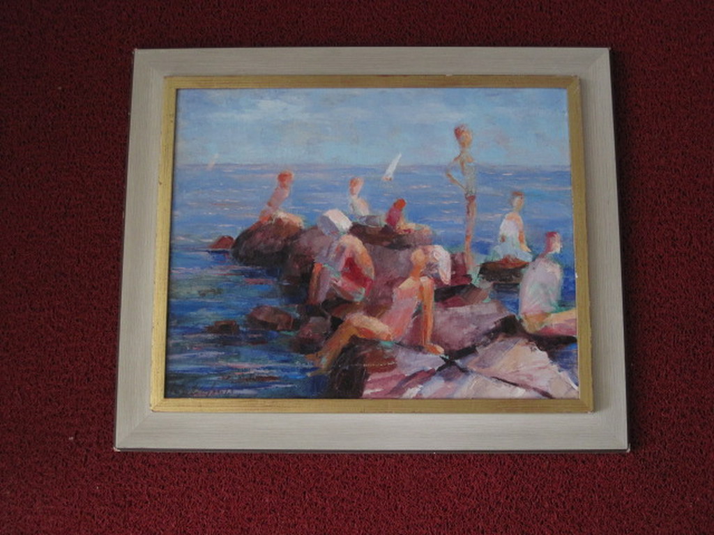 kleurrijk olieverfschilderij "zwemplezieraan de kust" onduidelijk gesigneerd  kopen? Bied vanaf 1!