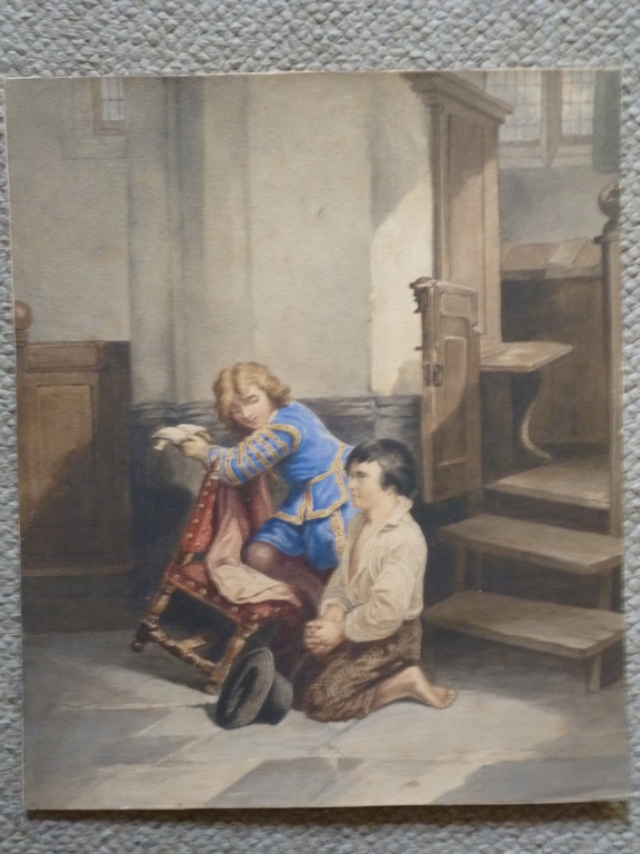Hollandse school - aquarel - Twee jongens biddend in een kerk kopen? Bied vanaf 45!
