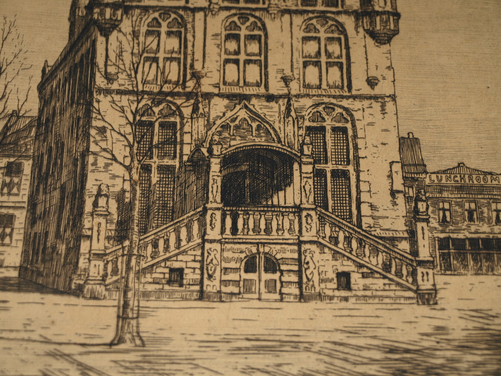 MARIUS JANSSEN (1885-1957) - Ets – Stadhuis Gouda–Gesigneerd & ingelijst–ca 1930 kopen? Bied vanaf 35!