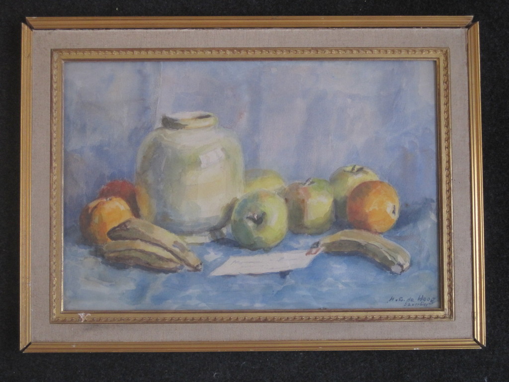 Hermina de Hoog Sauerbier aquarel - stileven met ansichtkaart - ca. 1930 verkocht voor € 43!