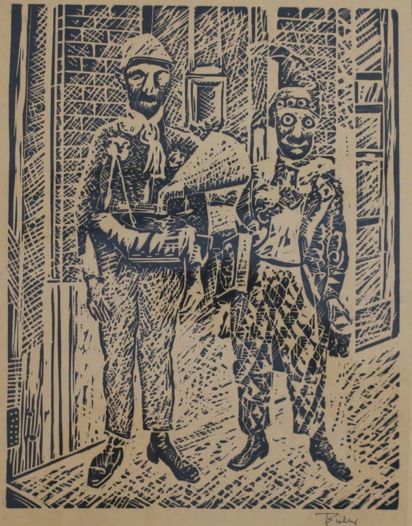 Herman Bieling:Houtsnede op papier velin, Straatmuzikant en clown kopen? Bied vanaf 50!