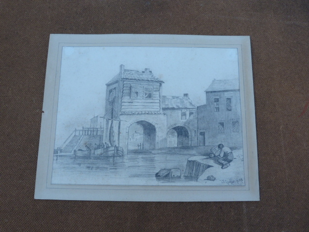 Gesigneerd J.F.Spohler ft. 1878 - tekening - dorpshaven. kopen? Bied vanaf 1!