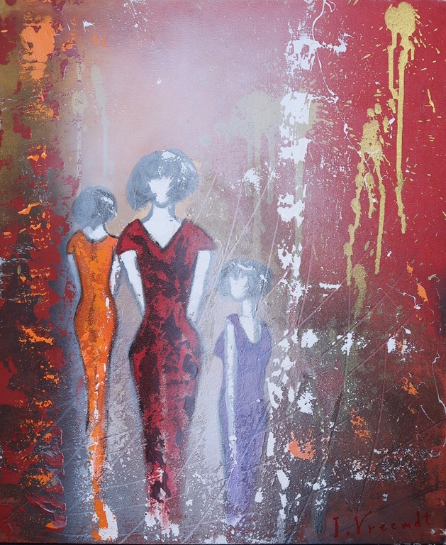 Ida Vreemdt: Acryl op doek, Three ladies at a party kopen? Bied vanaf 40!