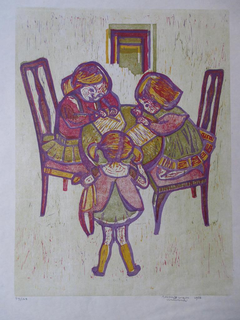 Mieke Burgers-Witteveen, Hout-linoleumsnede, Drie kleine kleuters kopen? Bied vanaf 45!