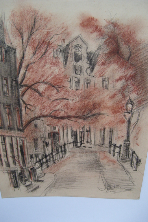 J.H. Frese, getekend en gekleurd, gem.techniek,straatgezicht met bomen. kopen? Bied vanaf 25!