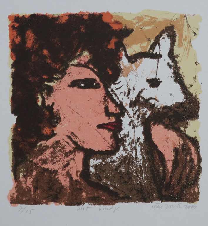 Wim Zurne: Litho, Wit hondje  verkocht voor € 35!