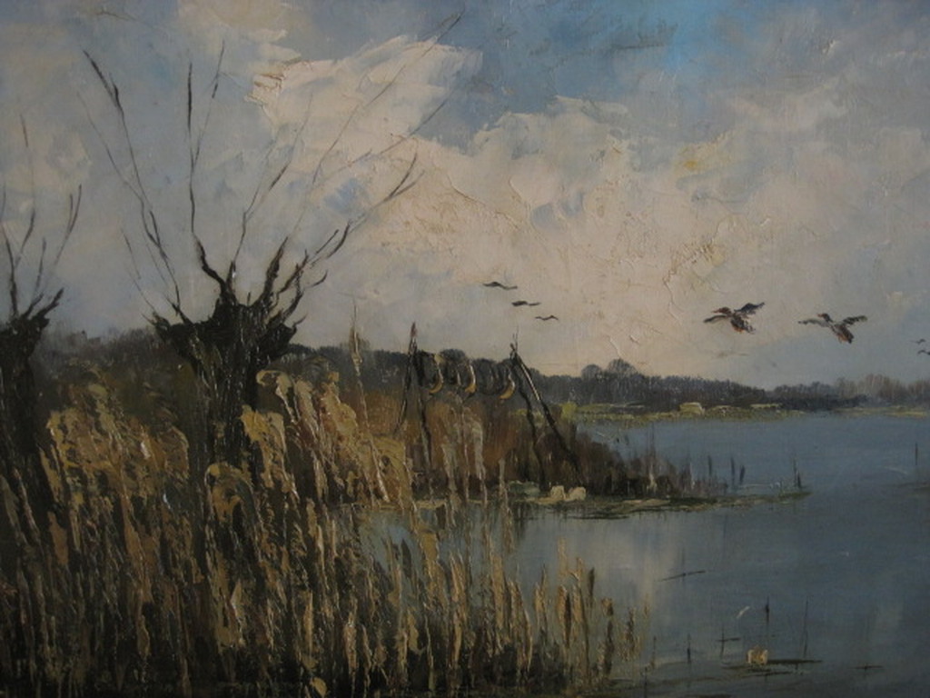 (1235) GROOT olieverf "opvliegende eenden boven plas" van Peter Brouwer 1935 kopen? Bied vanaf 1!