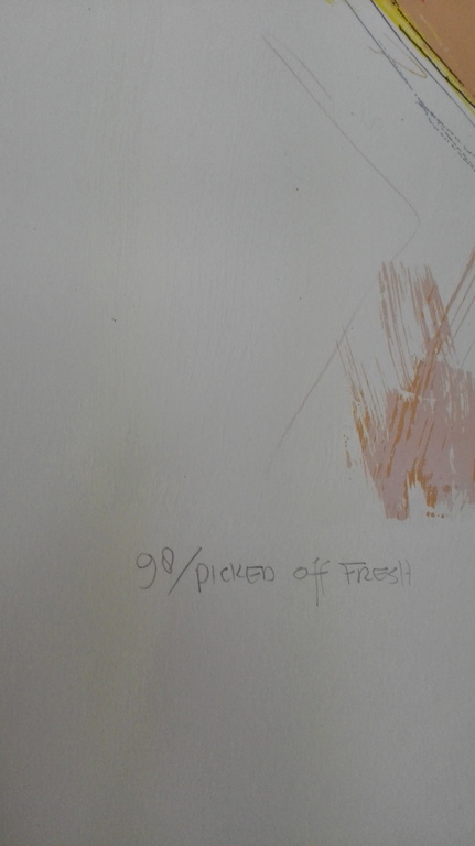Frank Lejeune, zeefdruk op papier, titel: Picked off fresh kopen? Bied vanaf 50!