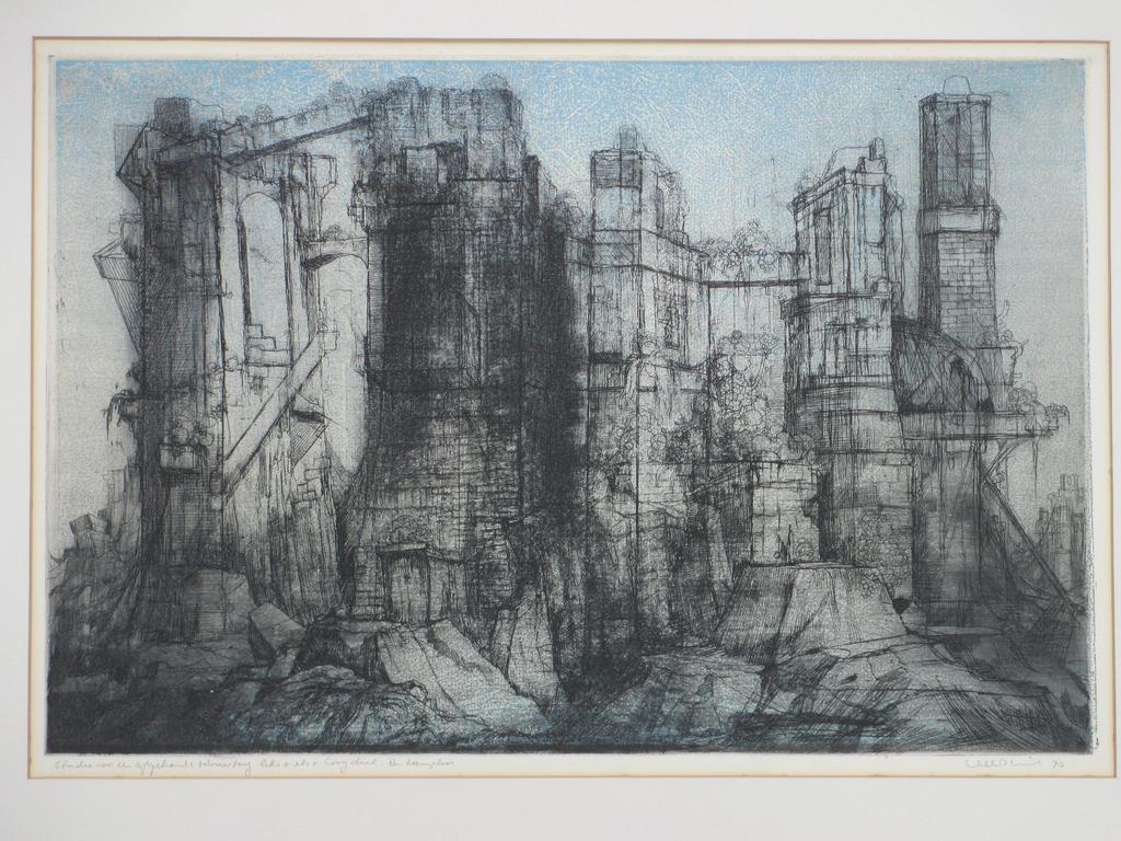 Dirkje Kuik, Studie voor een afgebrande schouwburg, Ets/litho/hoogdruk verkocht voor € 80!