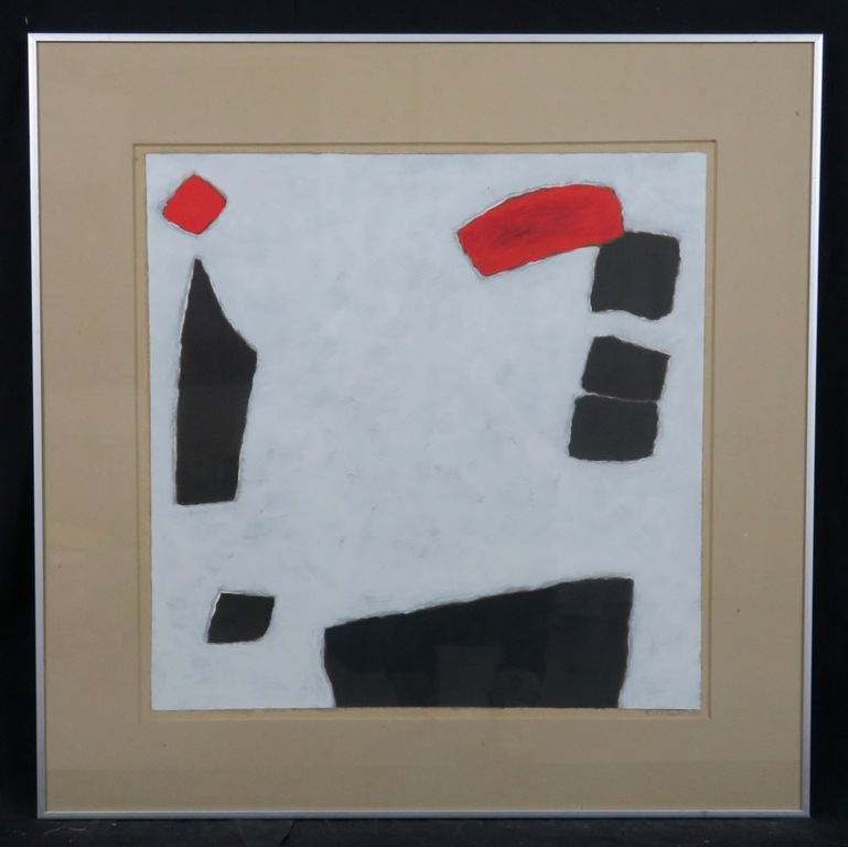 Wil Klaassen: Olieverf, Compositie in rood - Ingelijst verkocht voor € 35!