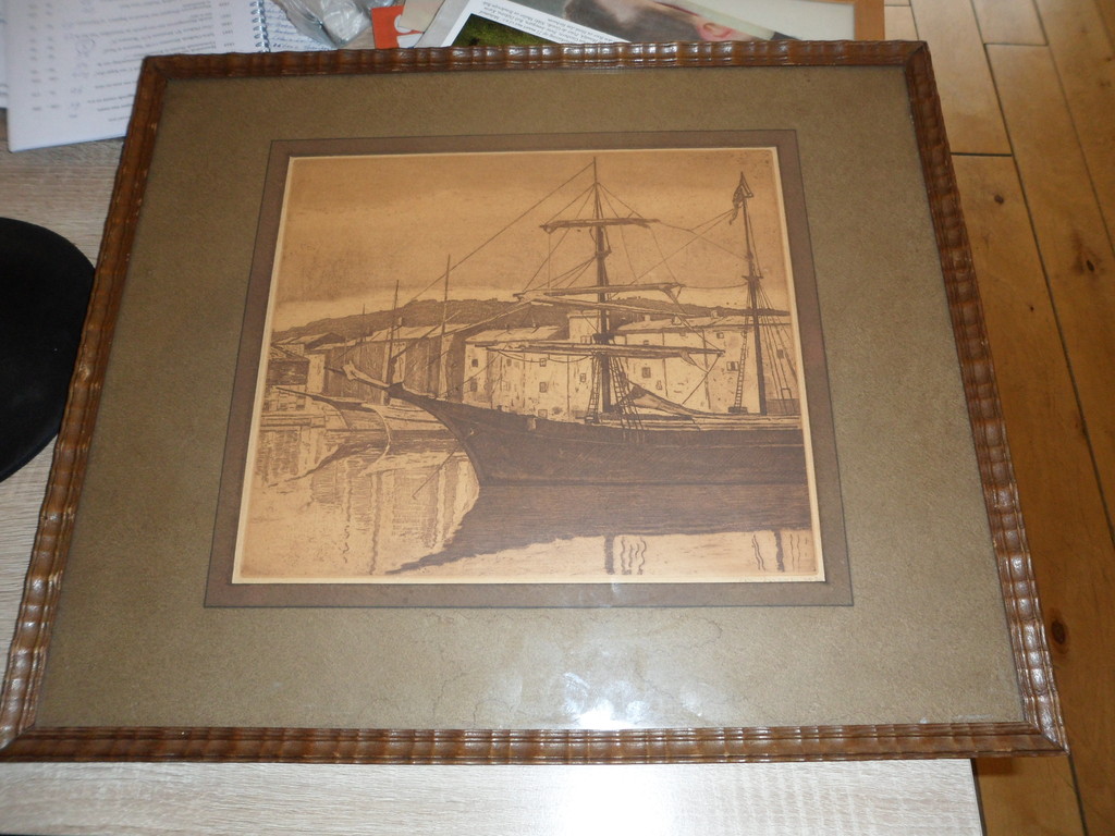 Ton Meijer, Ets met een havengezicht en een zeilschip kopen? Bied vanaf 15!