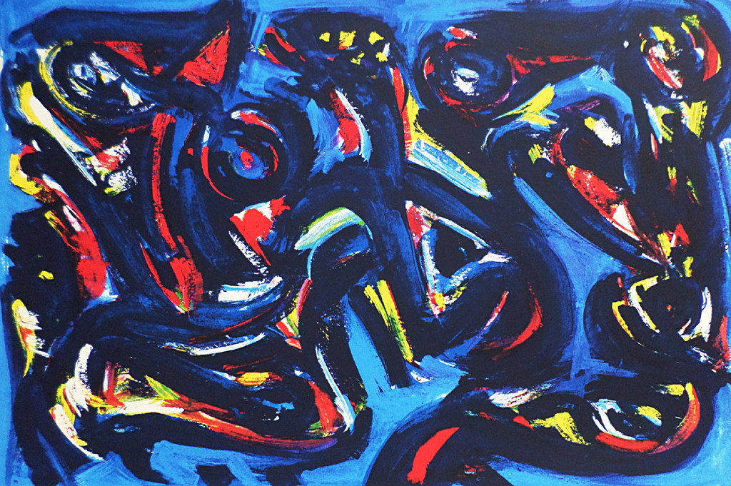 Theo Wolvecamp - Compositie in blauw, rood en geel, zeefdruk verkocht voor € 220!