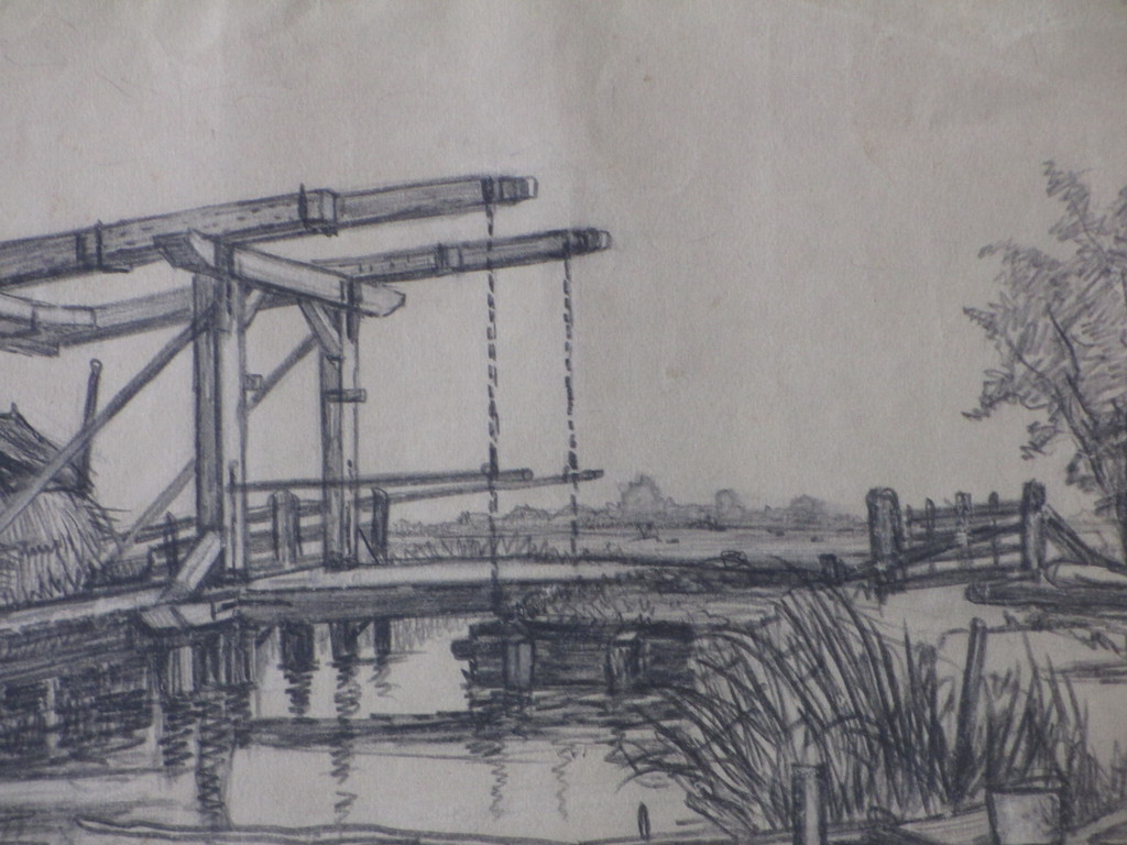 Onbekend (toegeschr.a.H.Roodenburg), Boerderij bij klapbrug, Tekening kopen? Bied vanaf 1!