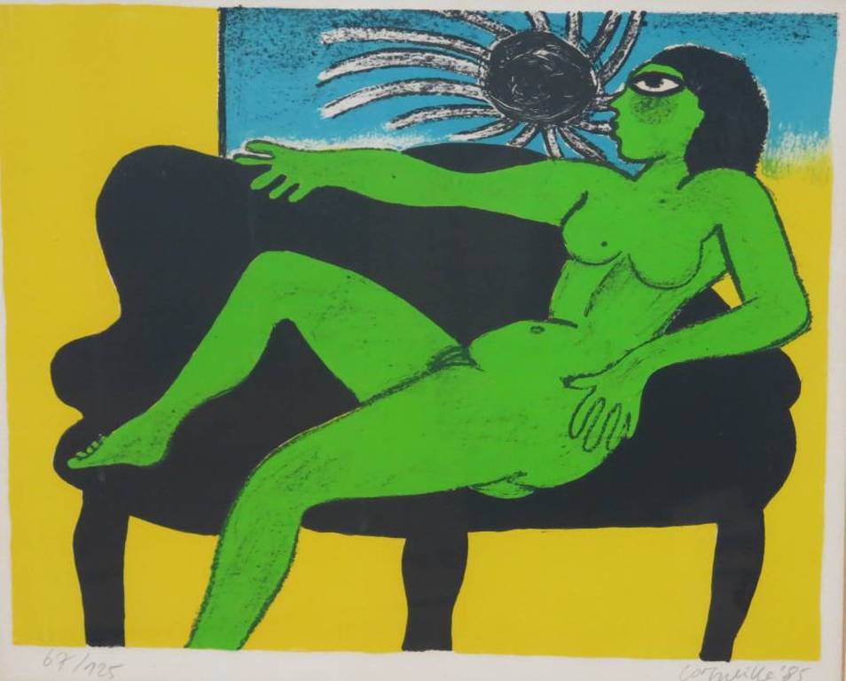 Corneille: Zeefdruk, Groene vrouw - Ingelijst verkocht voor € 150!