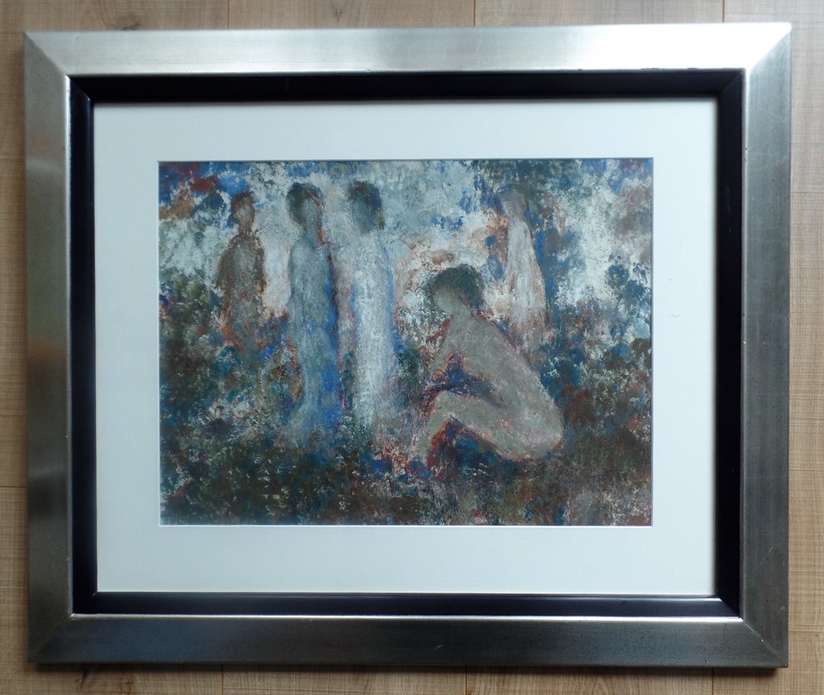 Jelle Hoogstra 1924-2003  -  Olieverf op papier  -  Vrouwenfiguren in Landschap verkocht voor € 40!