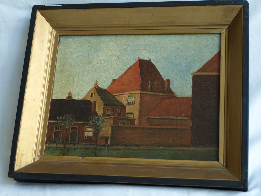 Onbekend – Olieverf op paneel , Huizen - ingelijst – Oud kopen? Bied vanaf 1!