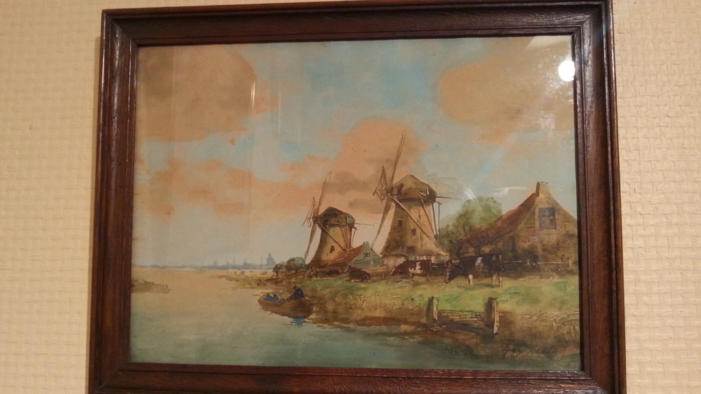 Adriaan Terhell: Aquarel, Boerderijen met molens en koeien aan het water verkocht voor € 75!