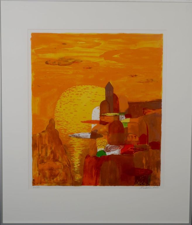 Ahmed Baldin: Zeefdruk, Denkbeeldige stad - Ingelijst verkocht voor € 65!