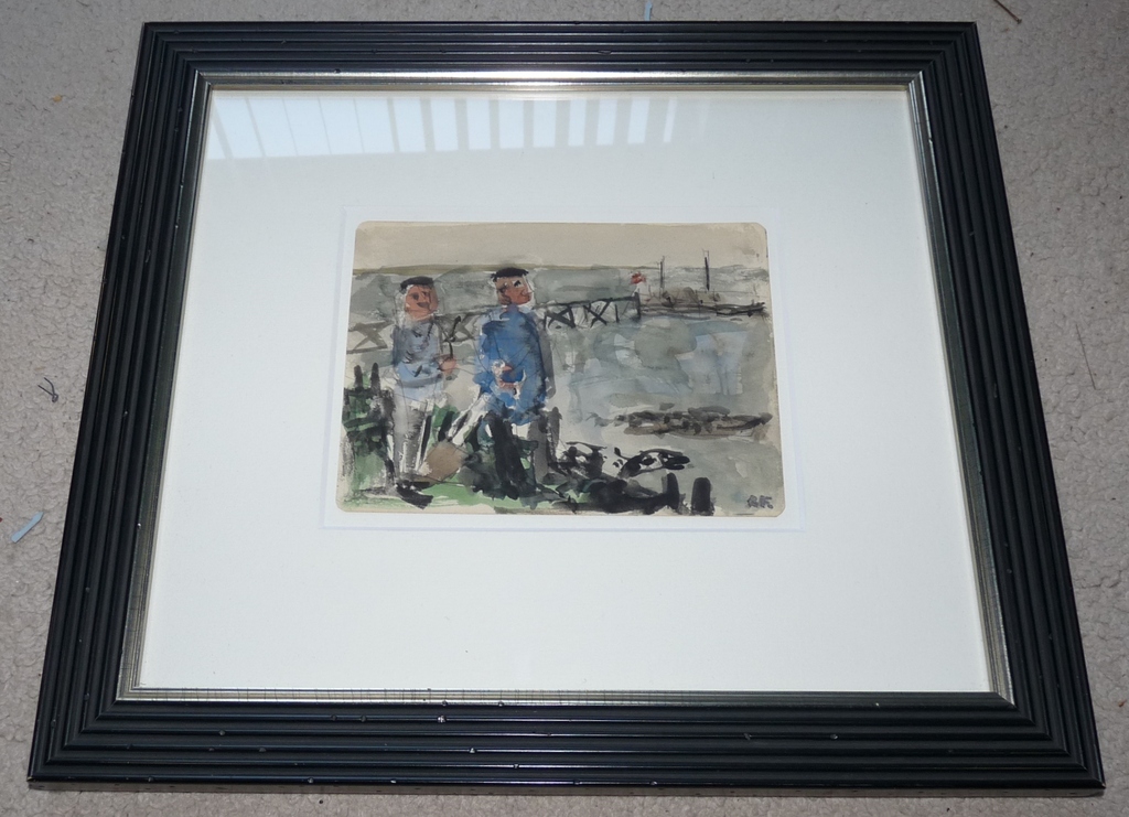 Kees Franse, Aquarel, 2 figuren bij water/haven? verkocht voor € 160!