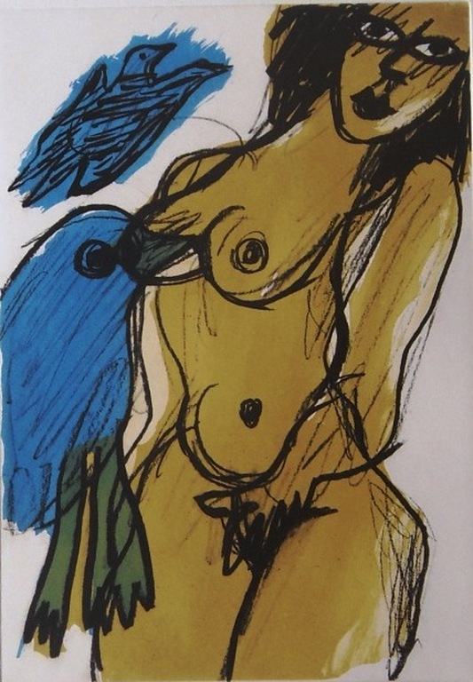 Corneille : naakt met vogels in blauw (schitterende kleurenaquatint) kopen? Bied vanaf 1!