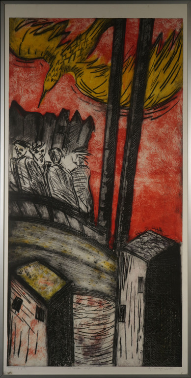 Fernando Lange Walton: Ets, Vallende vogel - Ingelijst (Zeer groot) verkocht voor € 50!