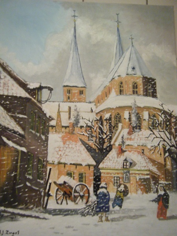 A.J.Zwart olieverf op doek (De Bergkerk te Deventer in de sneeuw ) kopen? Bied vanaf 95!