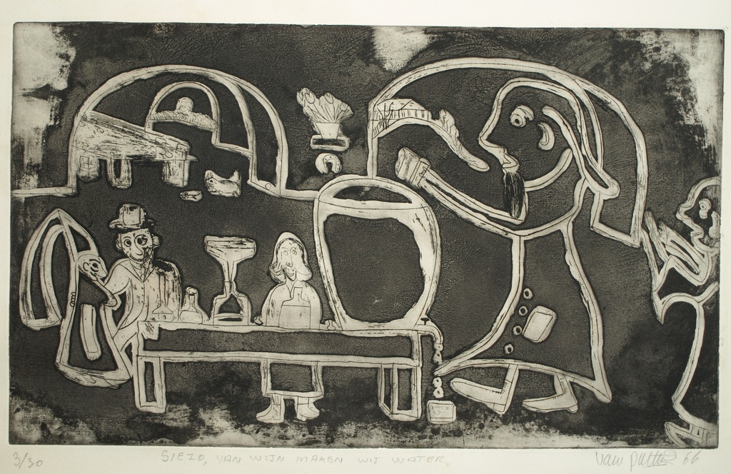 Theodoor Herbert van Putten â�� Ets â�� Siezo, van wijn maken wij water â�� 1966 verkocht voor € 35!
