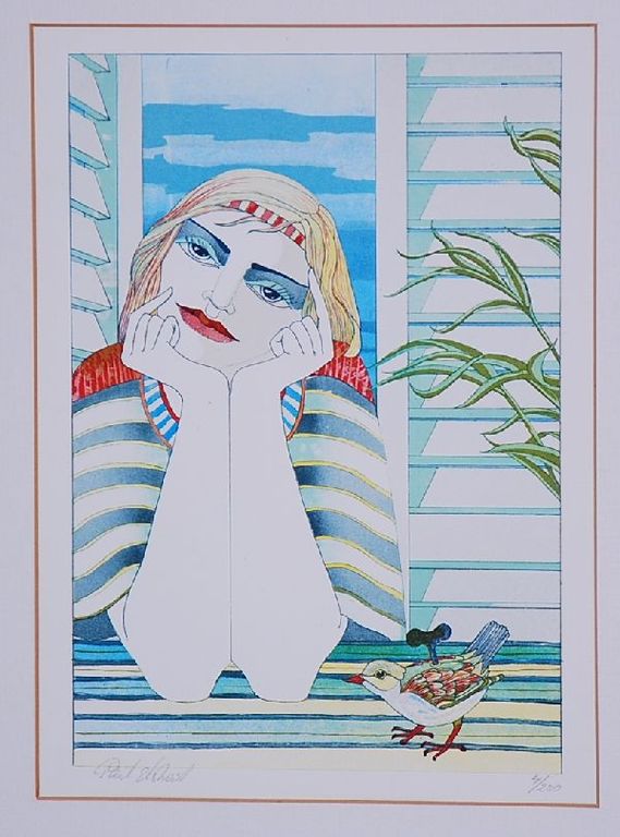 Paul Elshout: Kleurenlitho. Vrouw met blikken vogeltje verkocht voor € 40!