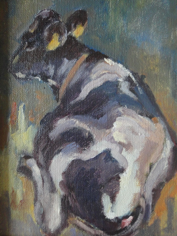 Mary Koekenbier (1942) - olieverf op doek - zwartbonte koe in de stal verkocht voor € 51!