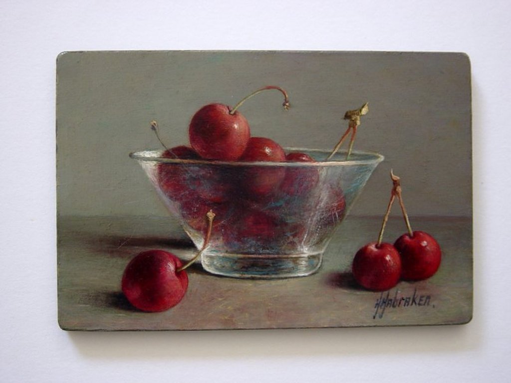 Hans Habraken - olieverf op paneel - Kersen in glazen schaal kopen? Bied vanaf 195!