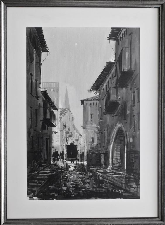  Jim Z "Mediterraan Stadsbeeld met Koets". Olie op schilderkarton. kopen? Bied vanaf 1!