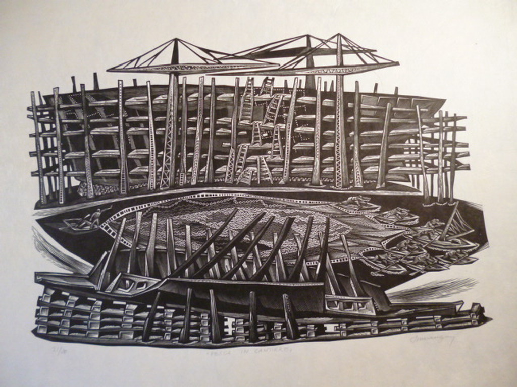 Tranquillo Marangoni - houtsnede - Pesca in Cantiere verkocht voor € 45!